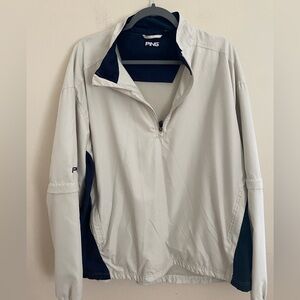 Men's PING‎ White Navy Blue Pullover Windbreaker Detachable Sleeves Size XL
